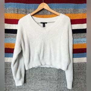 Forever 21 White Fuzzy V-Neck Crop Sweater